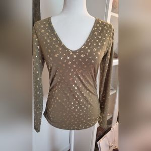 Michael Kors Long Sleeve Ruched Side Olive Green and Gold Top -Petite Small